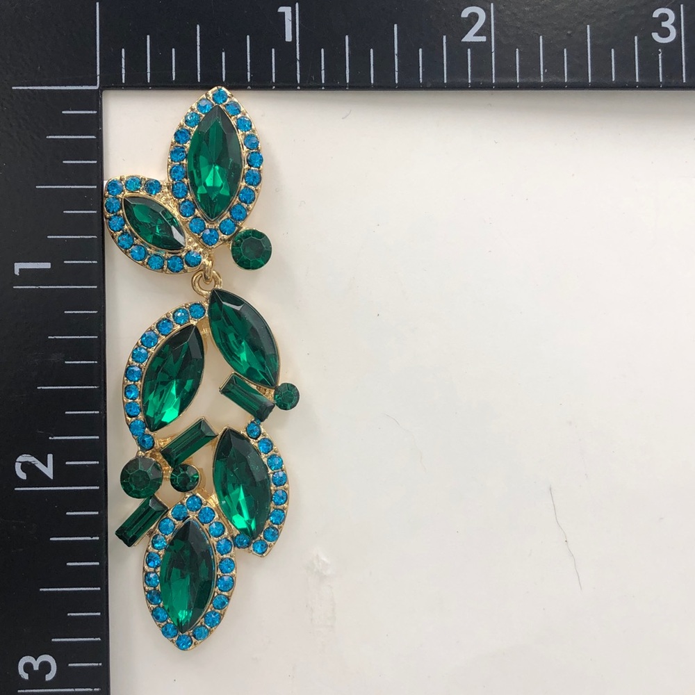 Green Rhinestone Clip On Dangle Earrings - Picture 3 of 4
